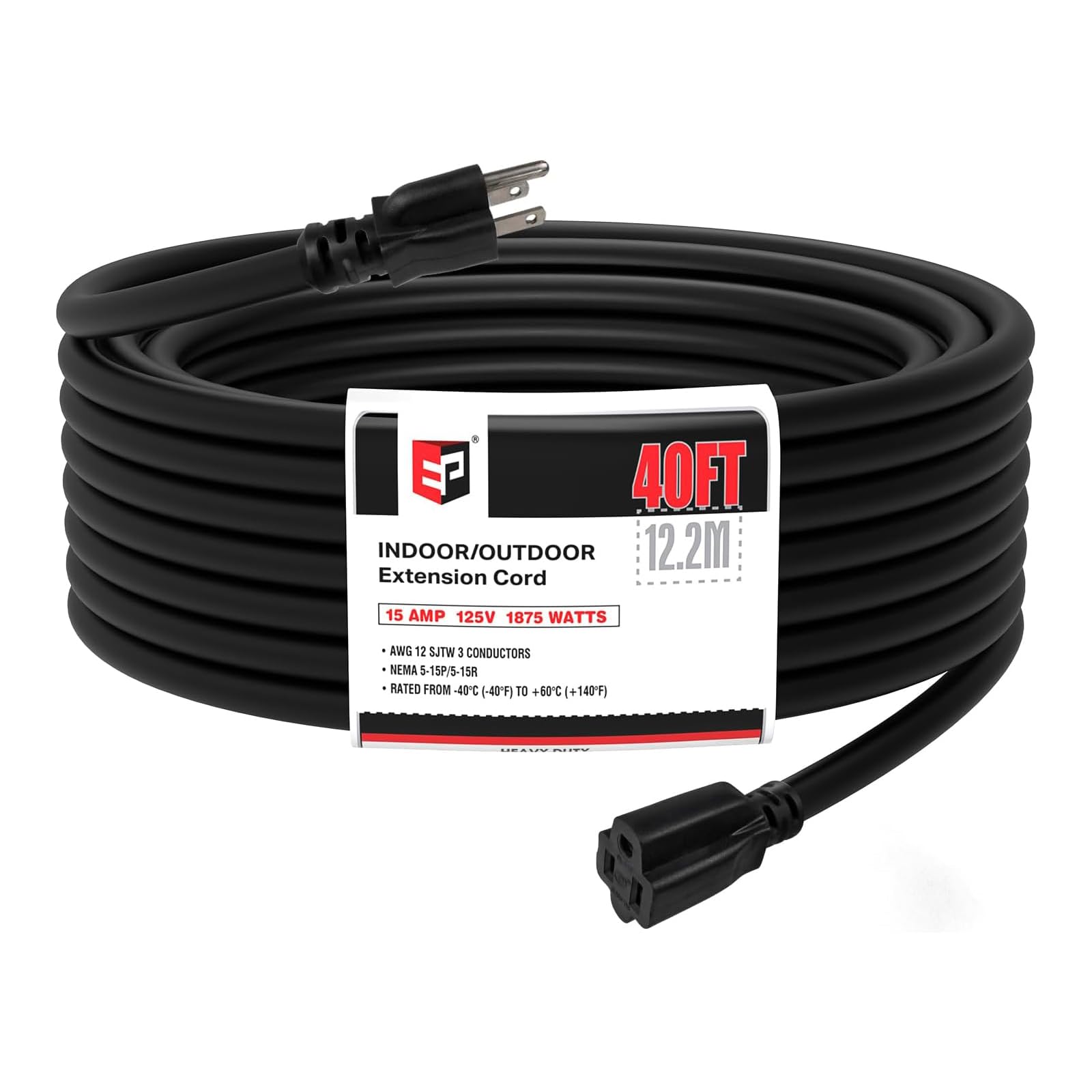 EP 40 Ft Outdoor Extension Cord - 12/3 SJTW Heavy Duty Black